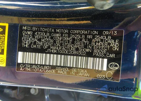 2014 Lexus Es 350 from USA, damaged, VIN JTHBK1GG0E2089302